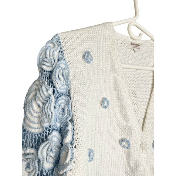 VTG Cardigan Sweater Large Blue White 3D Flowers Cottagecore Lolita Kawaii Indie - Picture 6 of 13